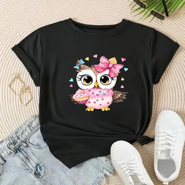 Women's Owl & Heart Print Round Neck T Shirt Cute Casual Spring Summer Graphic Tee Black - Shop at LoveMi