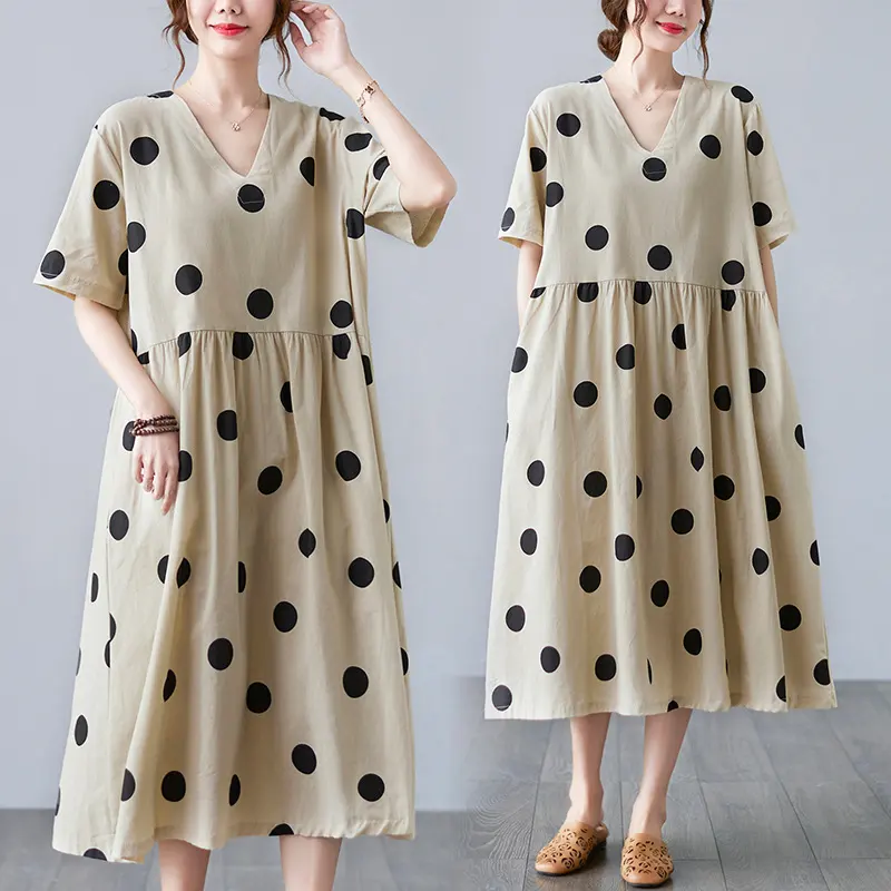 Loose-paneled Cotton and Linen V-neck Short-sleeved Dress