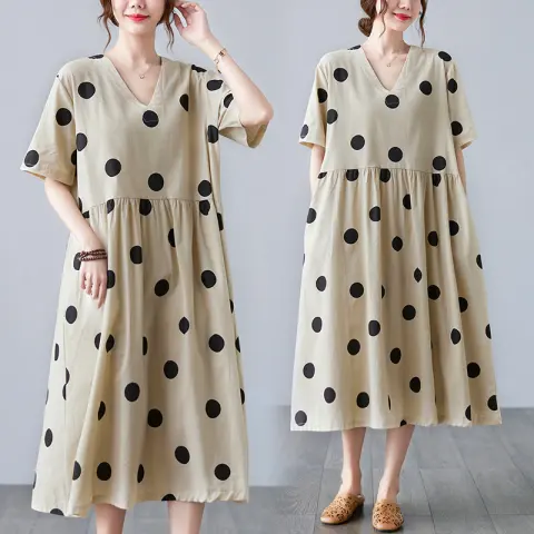 Loose-paneled Cotton and Linen V-neck Short-sleeved Dress