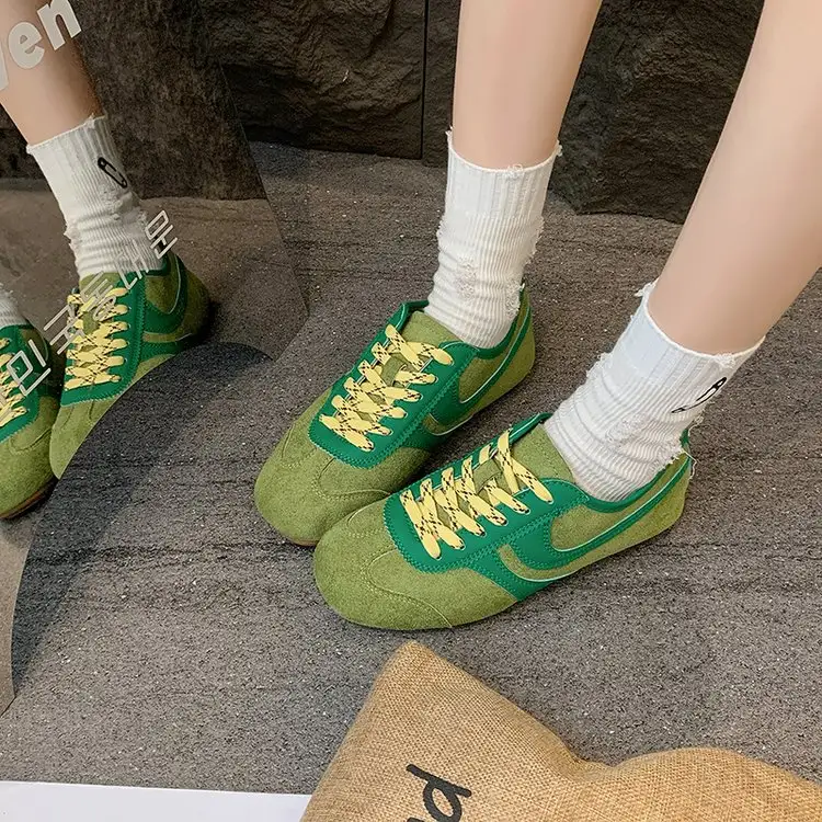 Women Contrast Panel Suede Retro Sneakers, Special Woven Lace Up Lightweight Flat Sole Vintage Casual Daily Walking Fashion