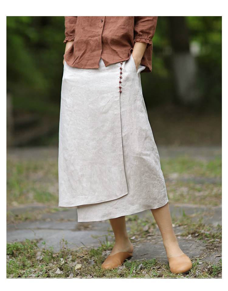 Raw Jute Irregular Stitching Skirt. Product information: Pattern: solid color, Fabric name: linen, Skirt-type: A- line skirt, Color: Hemp, Main fabric composition: linen, Size: S,M,L,XL, Style type: artistic retro, Skirt length: mid skirt, Skirt Category: