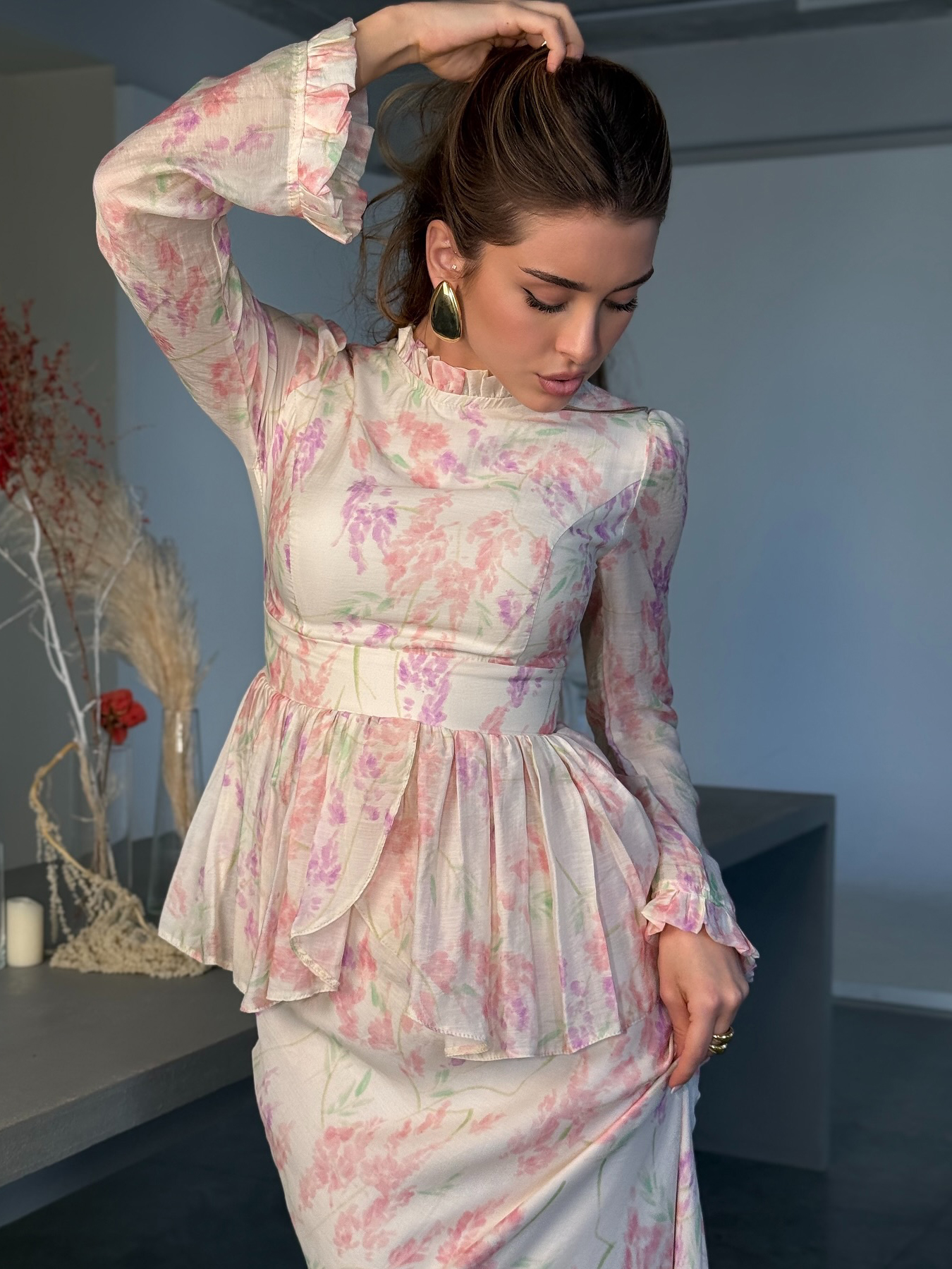 Floral Print Ruffle Top & High Waist Fishtail Skirt Set