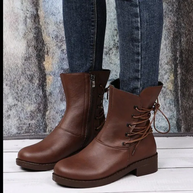 Fashion New Round Head Belt Buckle Thick Heel Martin Boots Women Brown - Shop at LoveMi