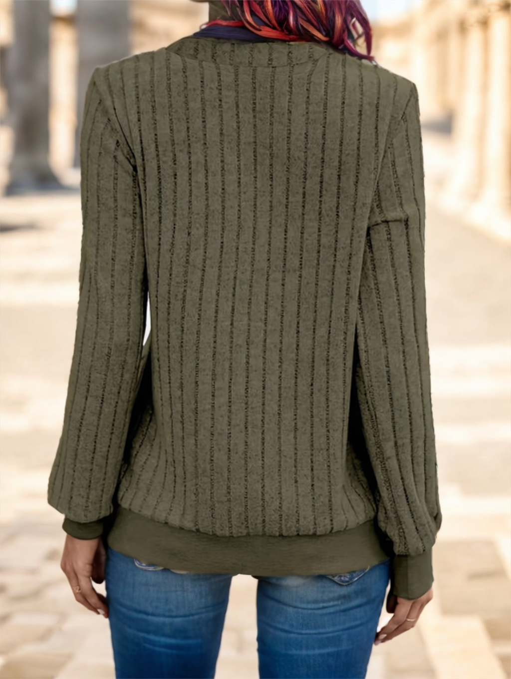 Casual V-Neck Knit Fabric Long Sleeve T-Shirt For Women In Solid Colo