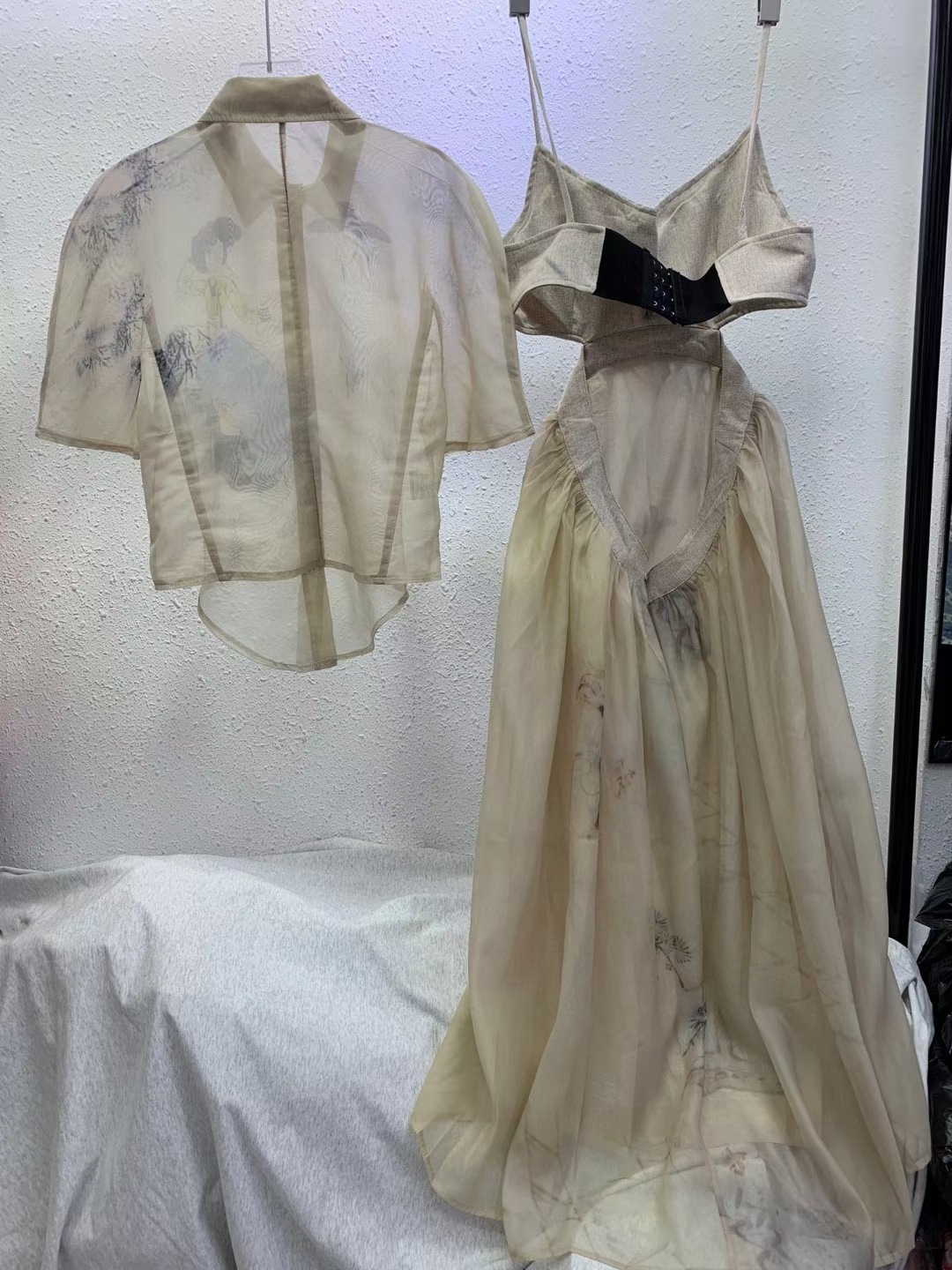 Handpainted Inkstyle Chiffon Shirt High Waist Sling Wrap Chest Back Suspender Skirt Twopiece Suit