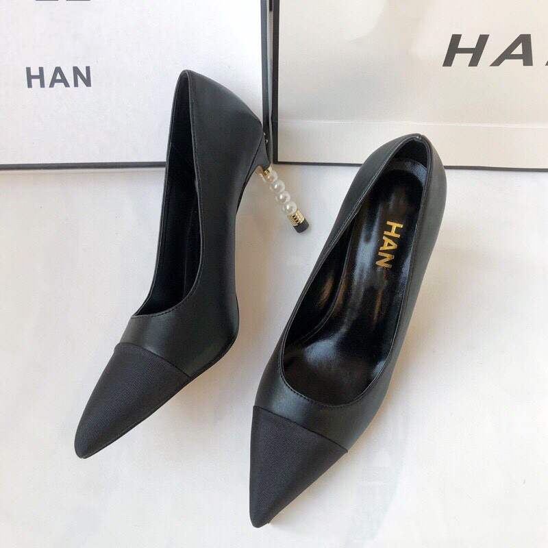 Small Fragrance Style Color Matching Shallow Mouth High heeled Shoes Black - Shop at LoveMi