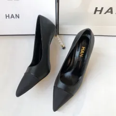 Small Fragrance Style Color Matching Shallow Mouth High-heeled Shoes - Black - View 1