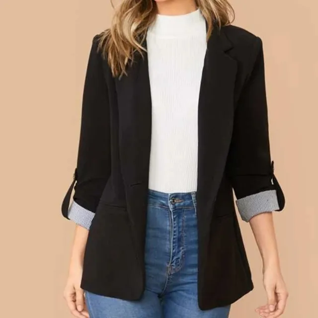 Fashion Patchwork Lapel Slim Fit Ladies Cardigan Black - Shop at LoveMi