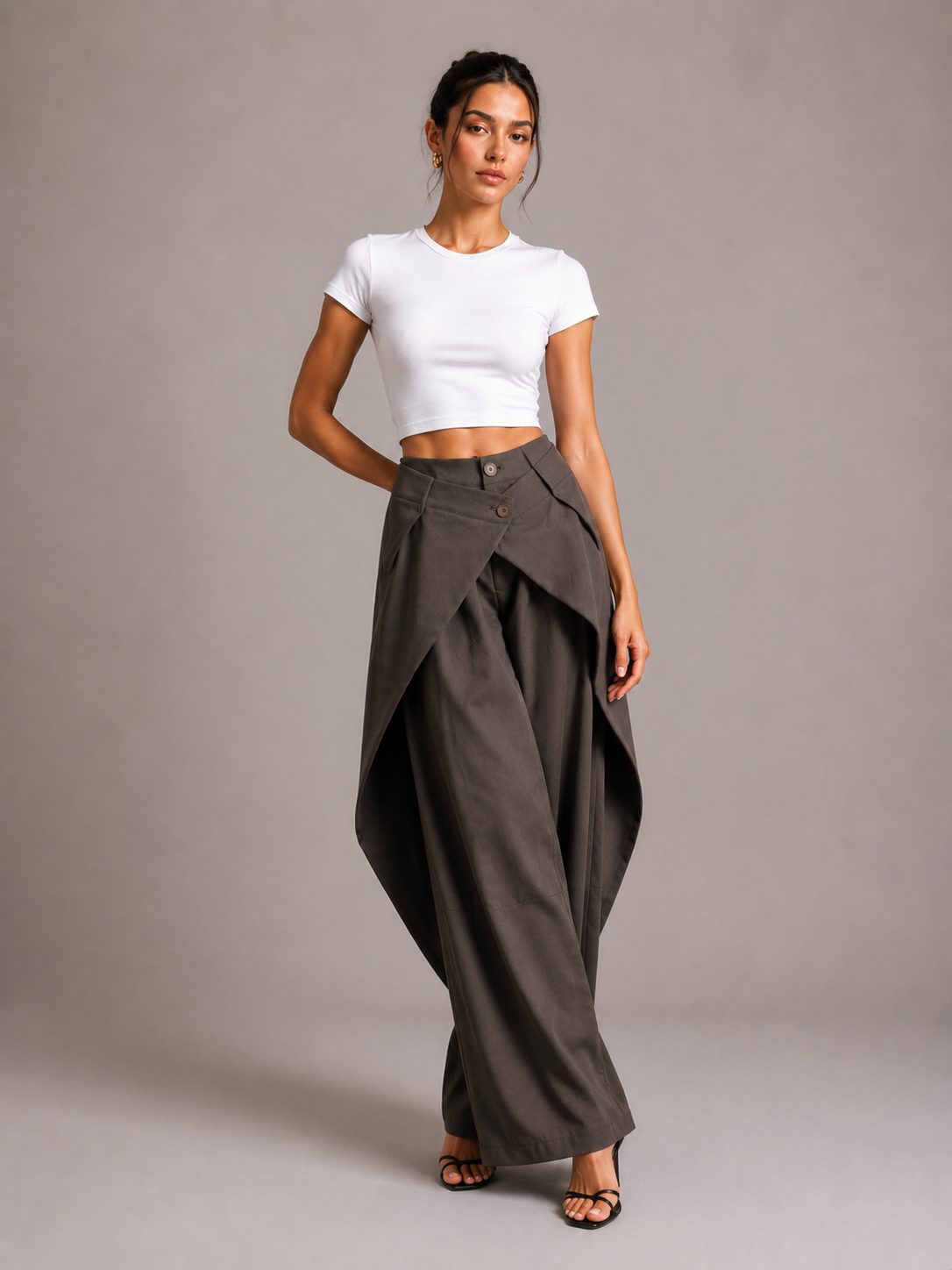 Asymmetric Cross Over Fold Waist Deconstructed Wide Leg Tailored Pants