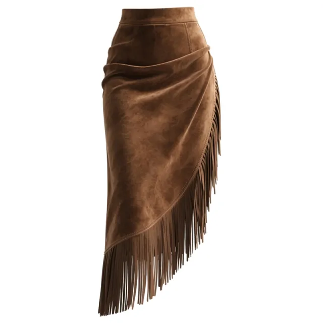 Women's Retro Western Fringe Skirt, Suede Look Asymmetrical Hem Maxi Skirt For Vacation And Daily Wear Brown - Shop at LoveMi
