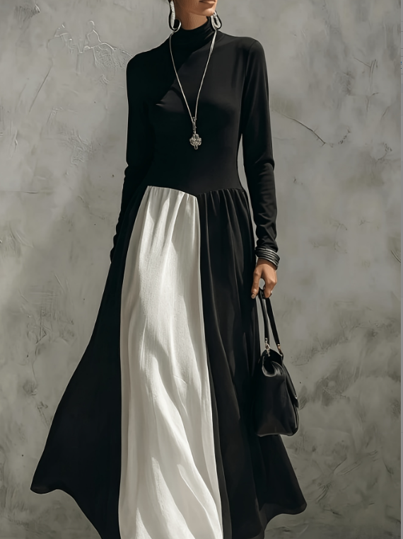 Black And White Contrasting High Neck Long Sleeved Patchwork Large Swing Long Dress