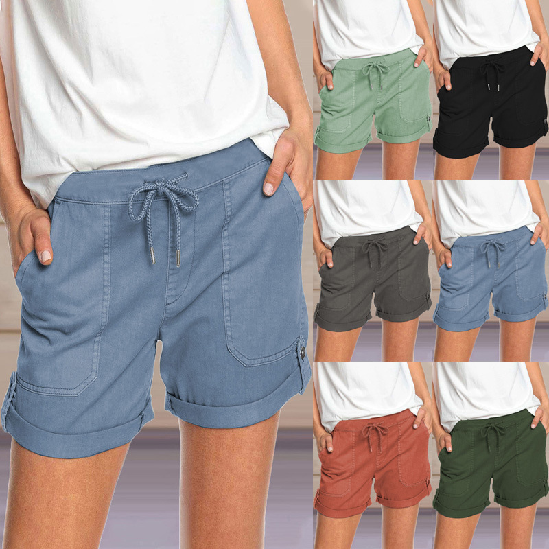 Summer New Solid Color Straight Casual Lace-up Shorts