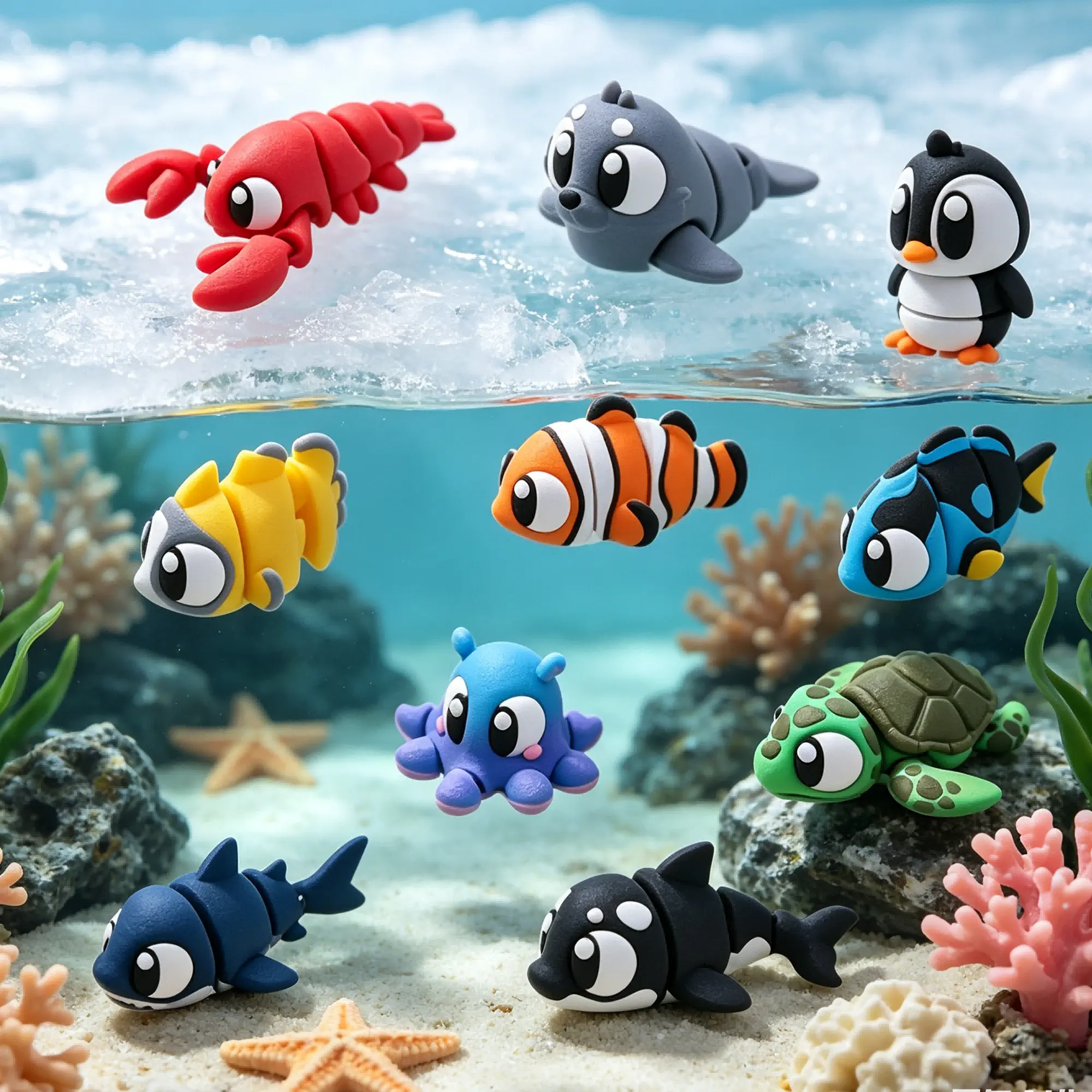 3D Printed Mini Ocean Animal Figures Set