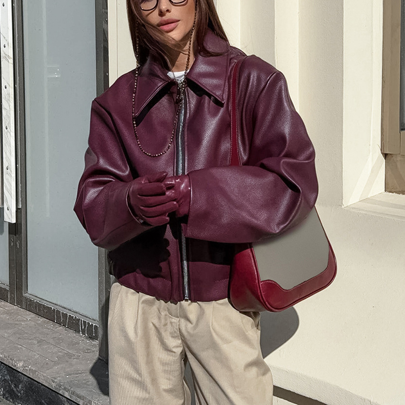 Vintage Style Women's Solid Color Faux Leather Jacket, Zip-Up Biker Jacket With Lapel Collar Casual Coat