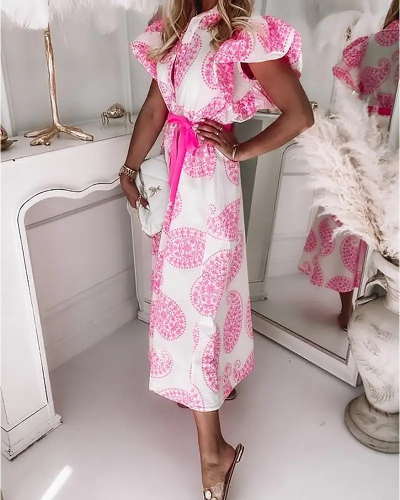 Spring And Summer Ruffled Short Sleeves V-neck Buttons Loose Shirt Printed Midi Skirt