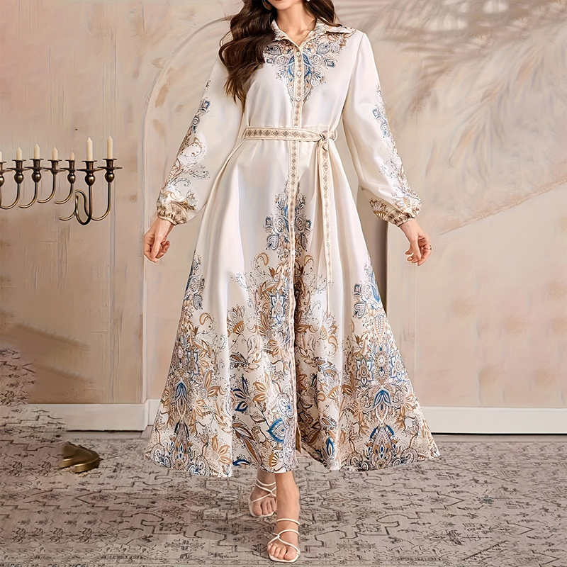 Women's Elegant Casual Knee Length Dress Drawstring Long Sleeves, Middle Eastern Lapel Print Adjust Tie Waist Belt Vacation & Party Dress Beige - Shop at LoveMi