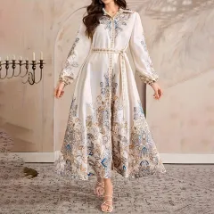 Women's Elegant Casual Knee-Length Dress - Drawstring Long Sleeves, Middle Eastern Lapel Print Adjust Tie Waist Belt Vacation & Party Dress - Beige - View 1