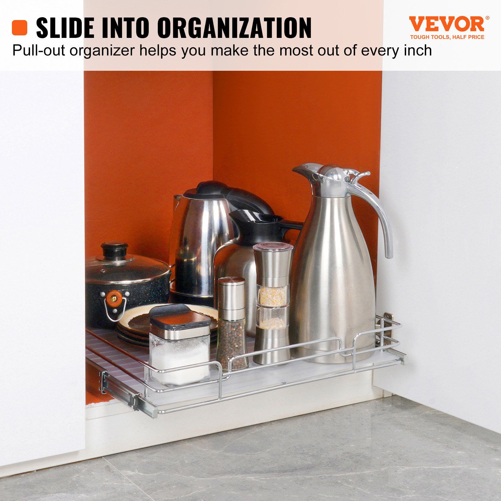 VEVOR Pull Out Cabinet Organizer, Heavy Duty Slide Out Pantry Shelves, Chrome-Plated Steel Roll Out Drawers, Sliding Drawer Storage For Home, Inside Kitchen Cabinet, Bathroom, Under Sink
