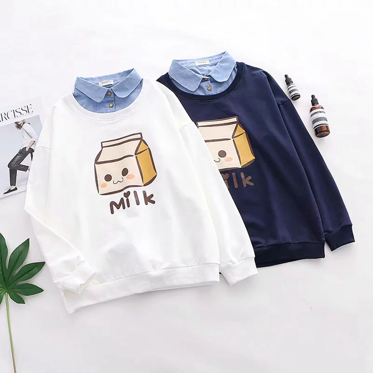 Title 10, Stitching Fake Two-piece Denim Collar Sweater Top