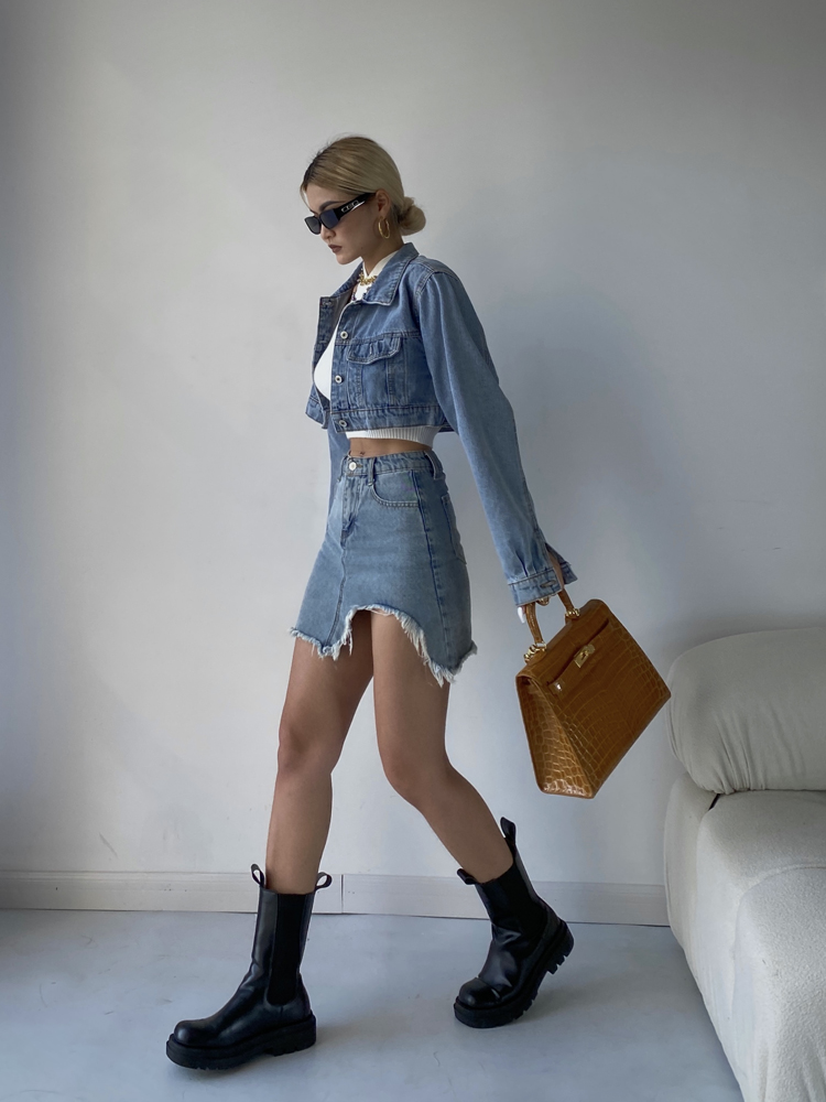 Women's Short Denim Jacket High Waist Slim Skirt Two Piece Suit - Image 5