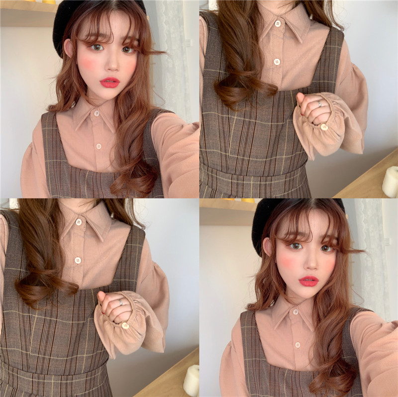 Corduroy Puff Sleeve Shirt Plaid Vest Dress