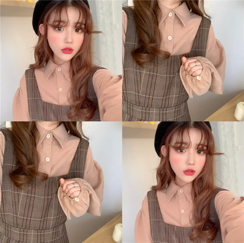 Corduroy Puff Sleeve Shirt Plaid Vest Dress