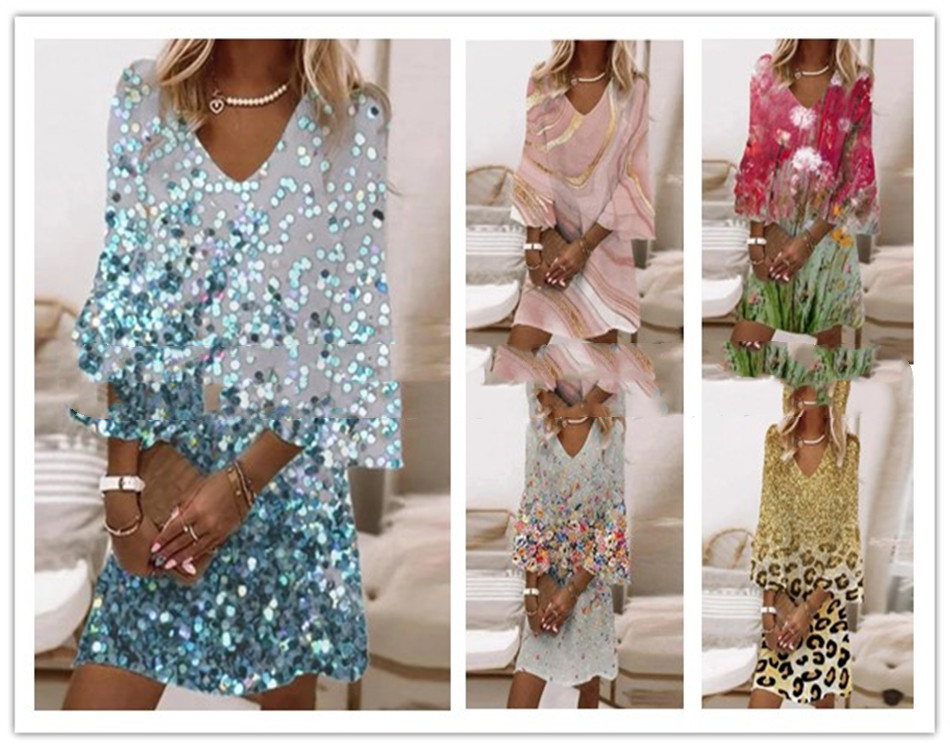 Printed V-Neck Mid-Sleeve Loose Dress