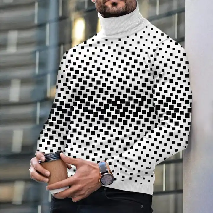 Autumn Winter Men's Long Sleeve Turtleneck T Shirt Printed Casual Top