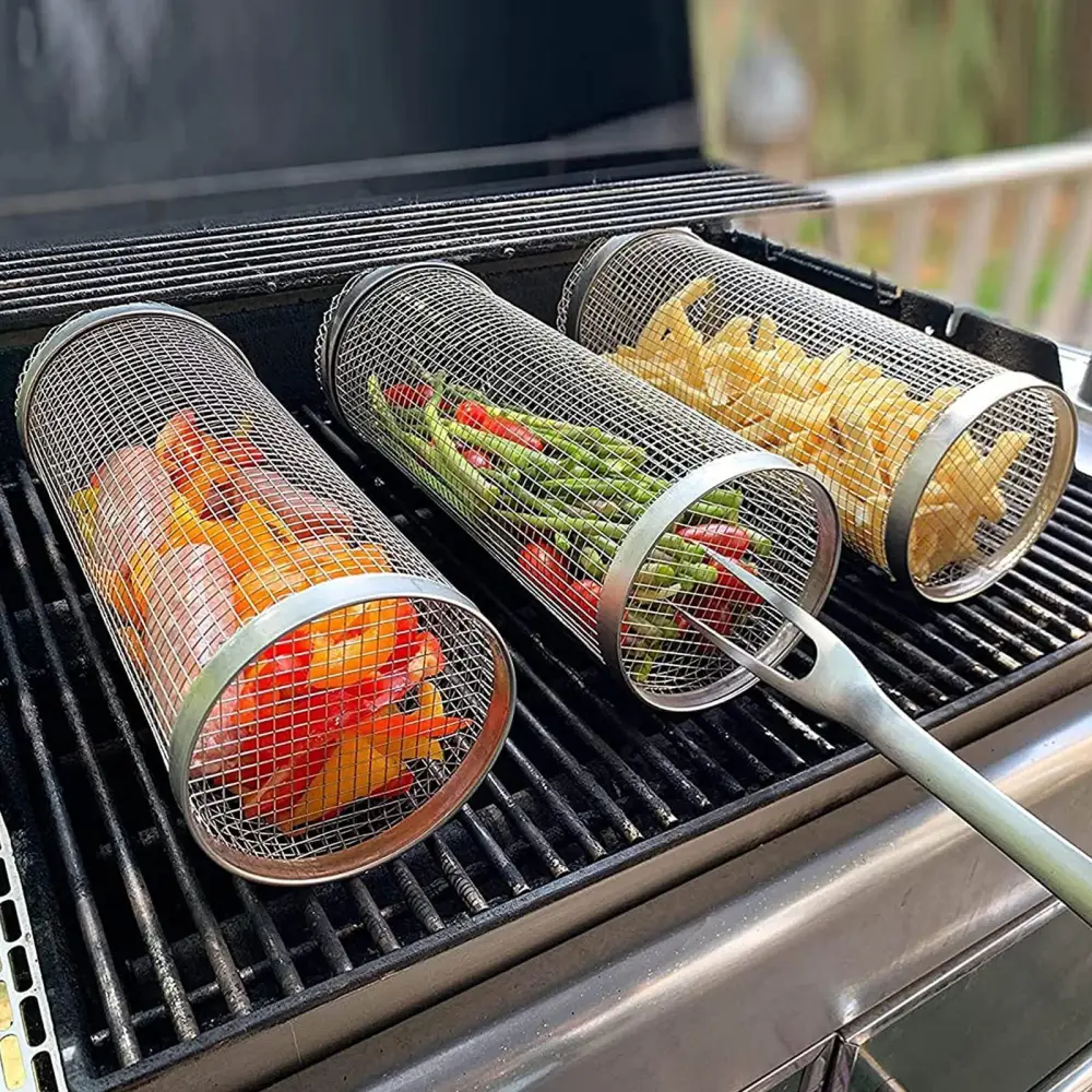 Rolling Grilling Basket Metal BBQ Barbecue Net Portable Outdoor