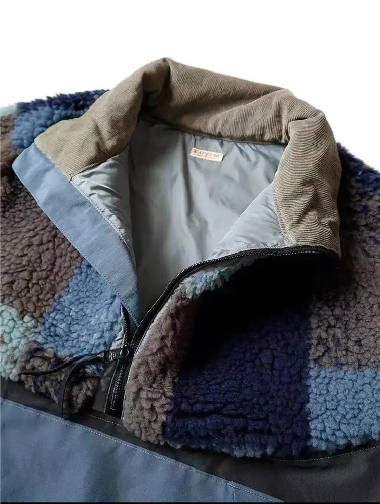 Polar Fleece Checkerboard Stitching Tooling Color-blocking Warm High-neck Jacket