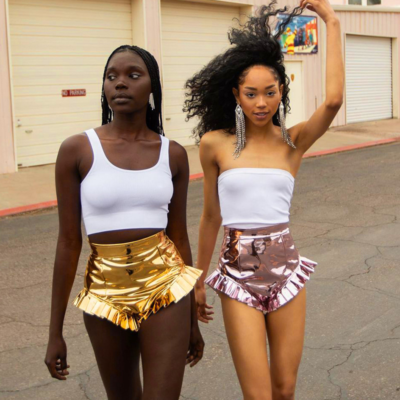 Women's PU Leather Shorts With Wooden Ears