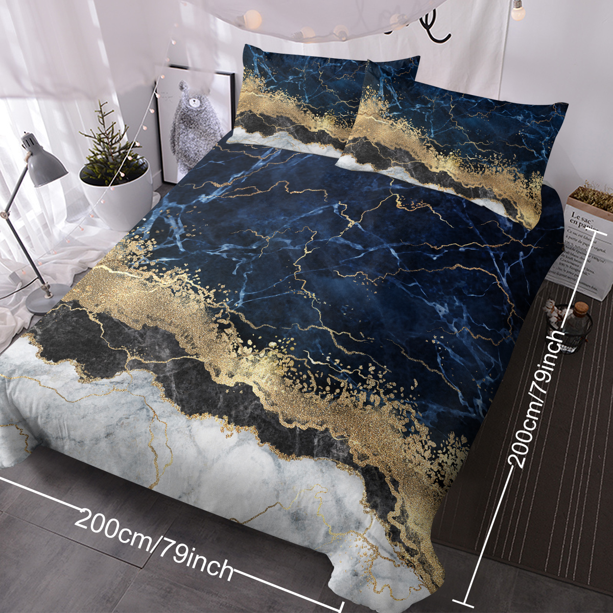 Chic Marble Bedding White Marble Gilded Navy Blue Duvet Cover Set Trendy Printed Design Bed Quilt Cover Set King 1 Duvet Cover 2 Pillowcases — foto 6