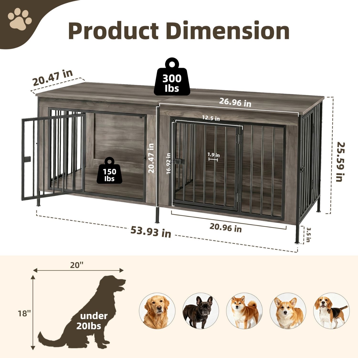 Double Dog Crate Furniture With Divider, Heavy Duty Pet Kennel End Table TV Stand, Extra Large Double Door 8