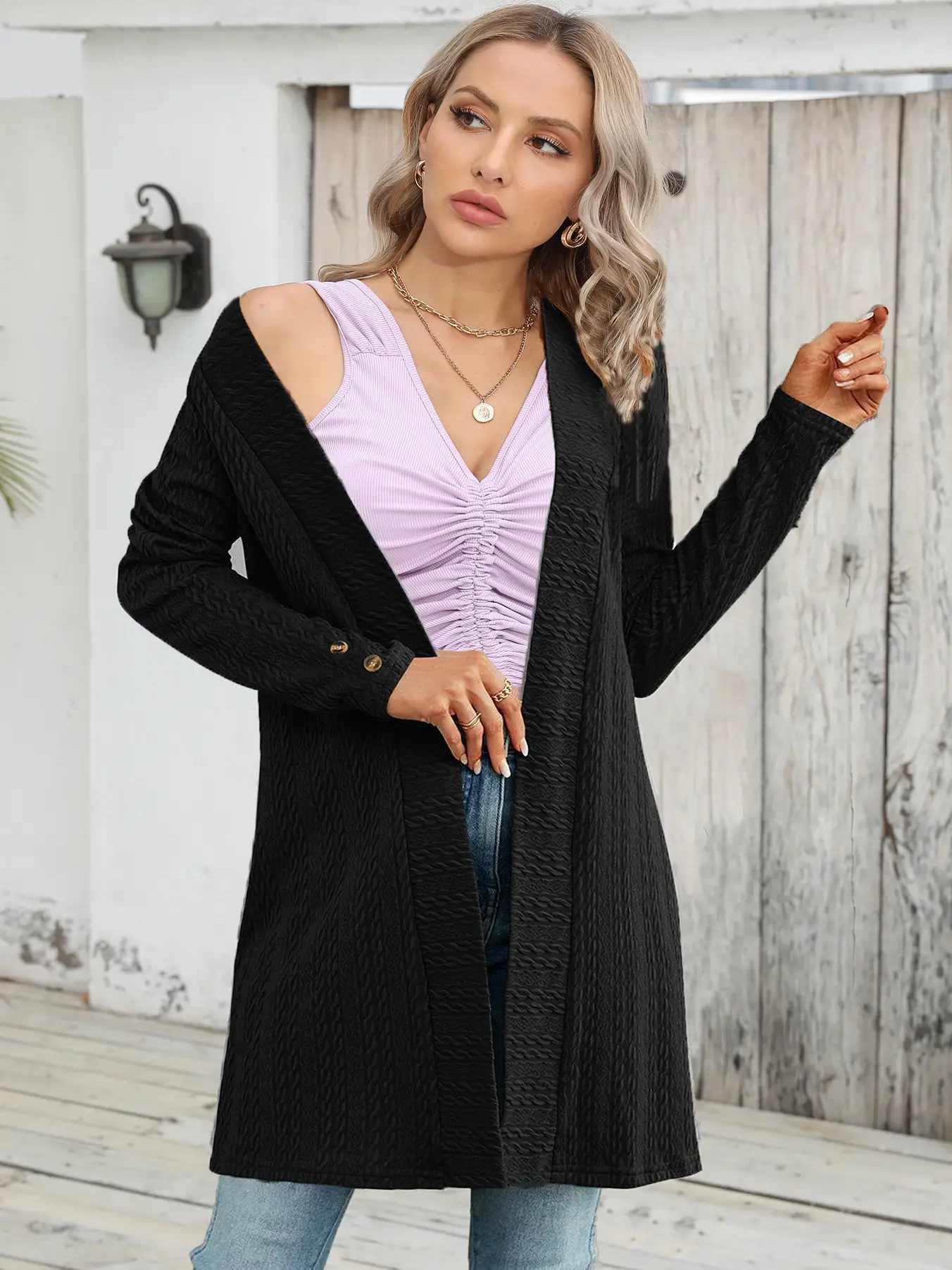 Solid Color Button-up Long-sleeved Cardigan Jacket