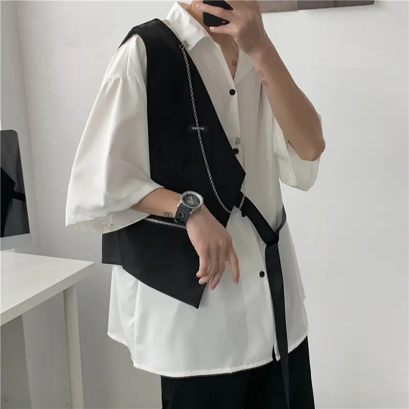 White Design Shirt Men's Vest Stitching Personality Contrast Color