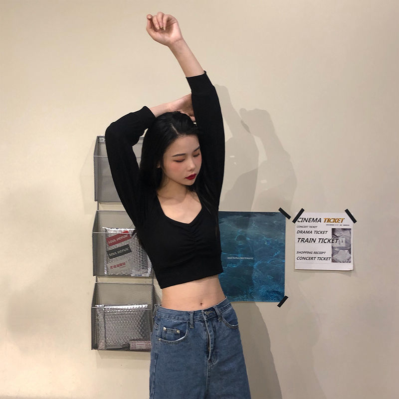 New Navel High Waist Short T-shirt Net Celebrity Top Women  Bottoming Shirt