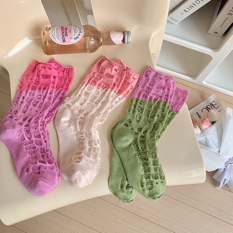 Summer Thin Color Blocked Hole Beggar Socks Hollow Socks Men's And Women's Mid Tube Socks Glass Fiber Crystal Long Socks