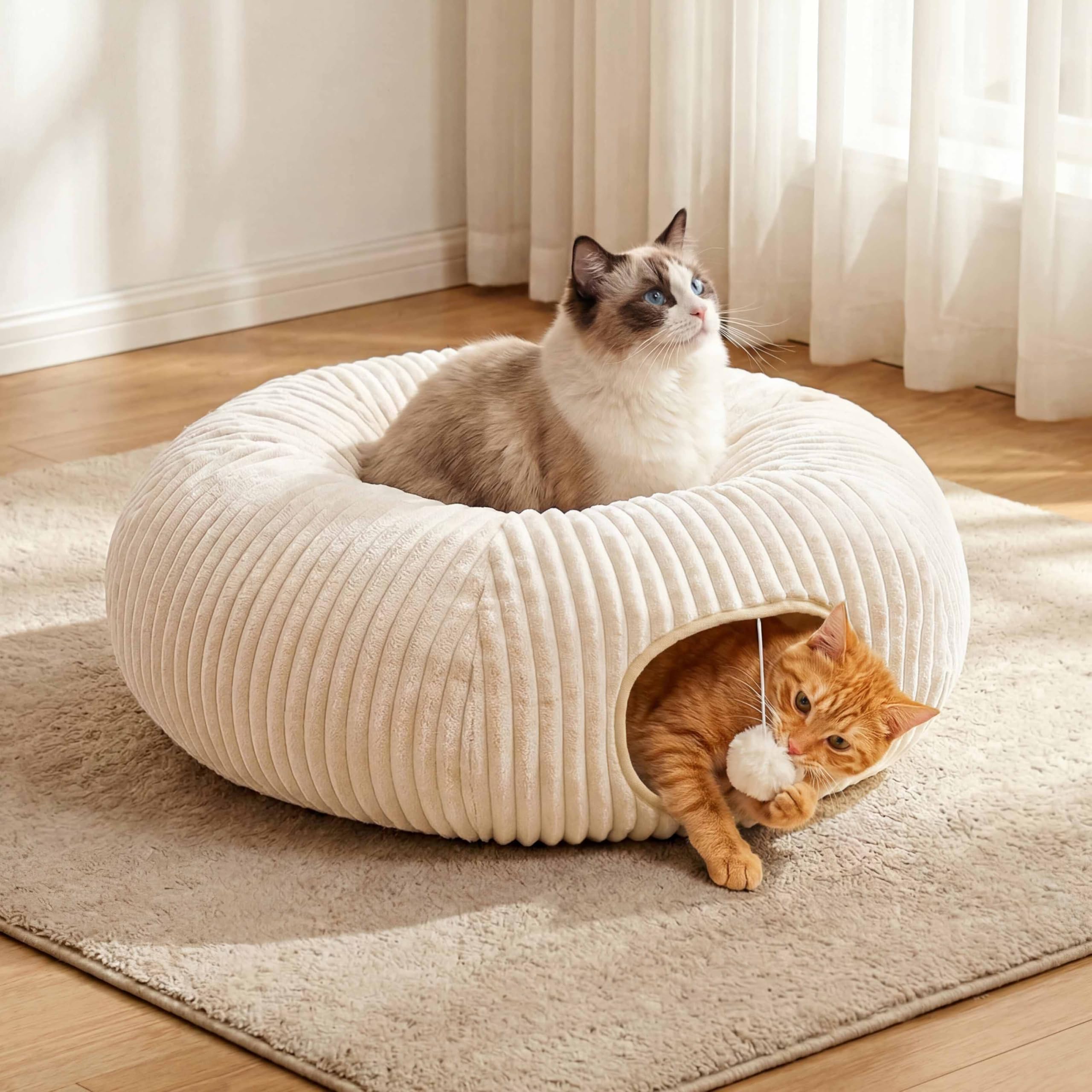 Cat Tunnel Bed With Interactive Cat Toys, Cat Tube With Kitten Toys For Indoor Kittens, Collapsible Play Tunnel, White
