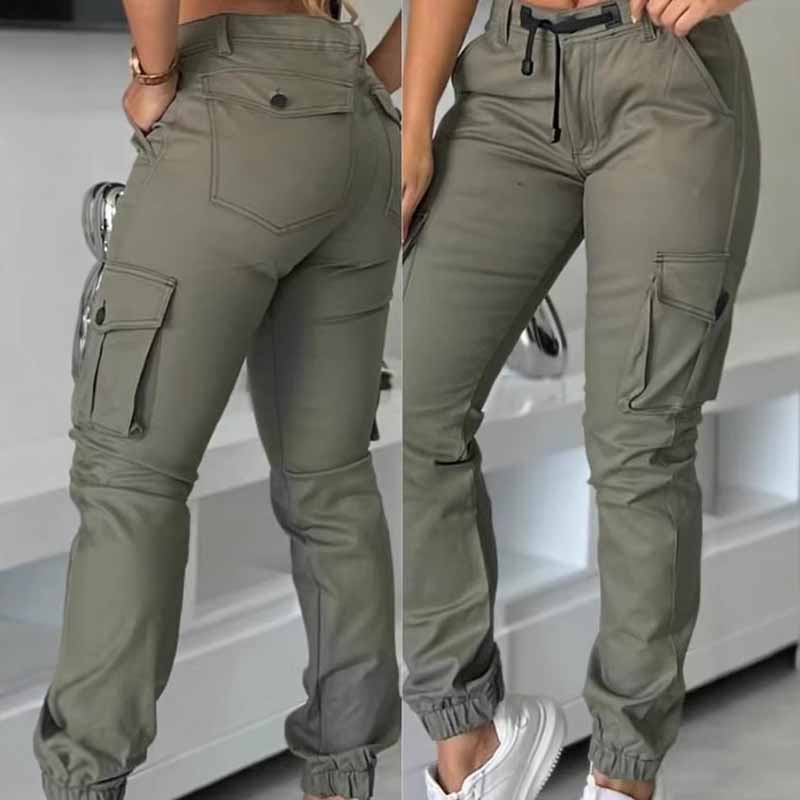 Women's High Waisted Cargo Pants Non See Through Work Pants With Drawstring Waist Multi Pocket Slim Tapered Leg For Office Green - Shop at LoveMi