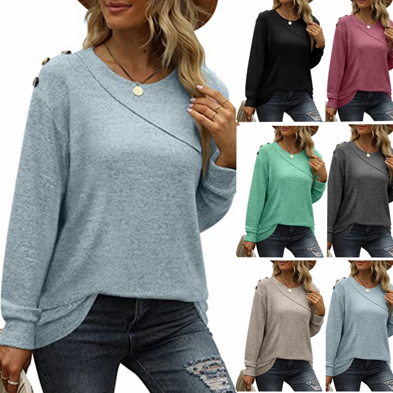 Women's Double Crew Neck Button Sweatshirt T-Shirt