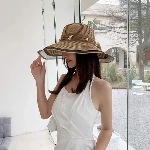 Big Brim Pearl Straw Hat With Bow Visor Basin Cap Mesh Khaki - Shop at LoveMi