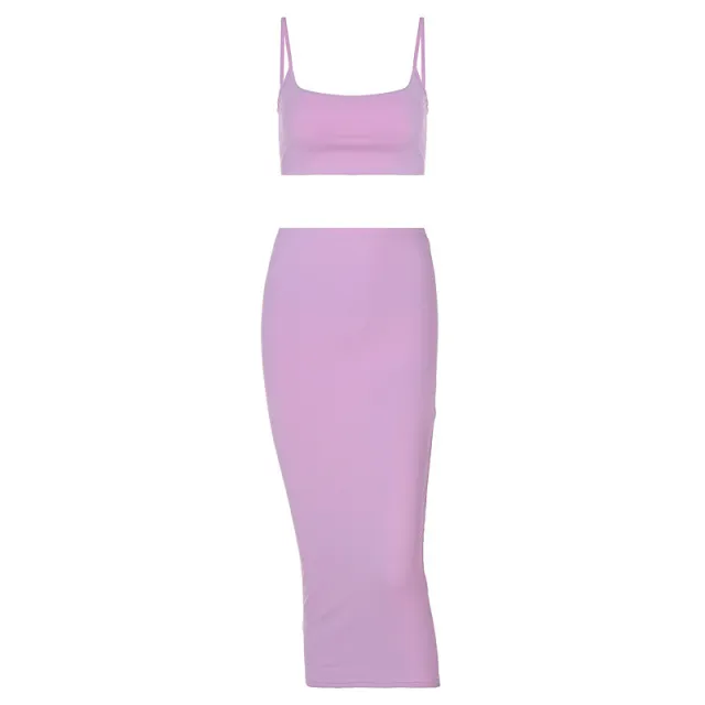 Two piece Solid Color Sling Wrapped Chest Midi Skirt Violet - Shop at LoveMi