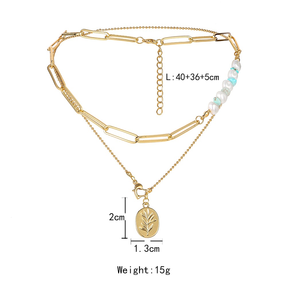 Double Pearl Broken Stone Turquoise Leaf Pendant