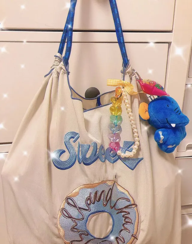 Ball Chain Embroidered Shopping Nylon Tote Bag Blue - Shop at LoveMi