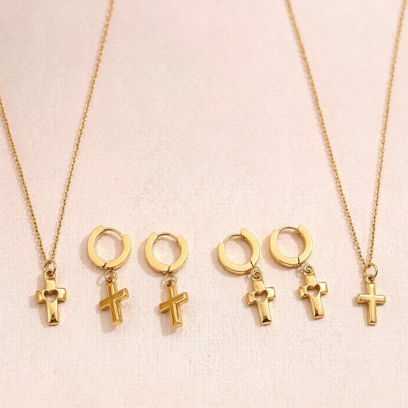 Stainless Steel Cross Pendant Necklace Earrings