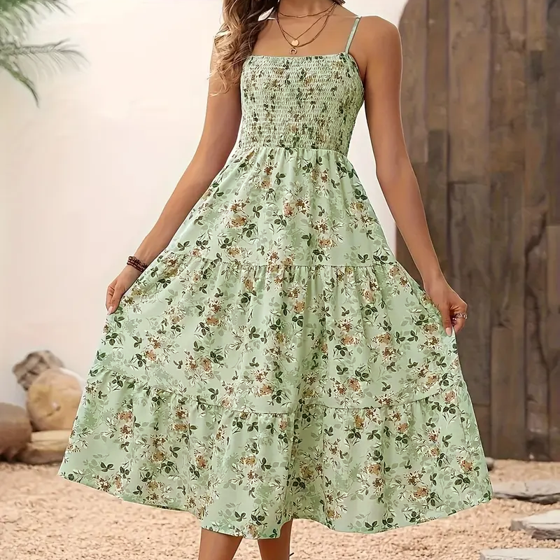 Womens Summer Floral Midi Dress Smocked Spaghetti Strap Sleeveless Tiered Casual Flowy Dresses Green - Shop at LoveMi