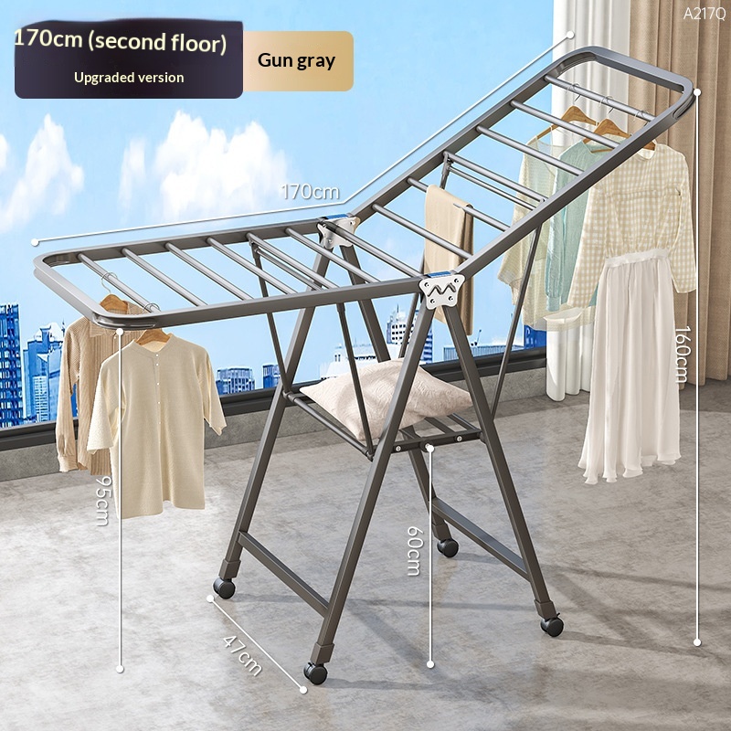 1.7-meter Gun Gray - Double-layer Air DryingFolding Clothes Rack Balcony Household Movable Indoor Clothes Rack Multifunctional Blanket Drying Tool Floor Drying Rack 1