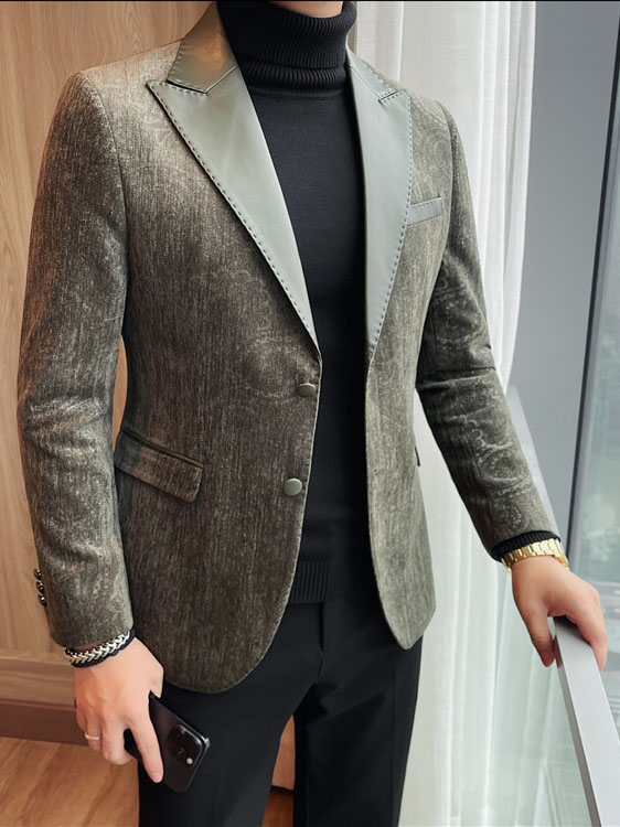 Jacquard Velvet Leather Lapel Men's Blazer