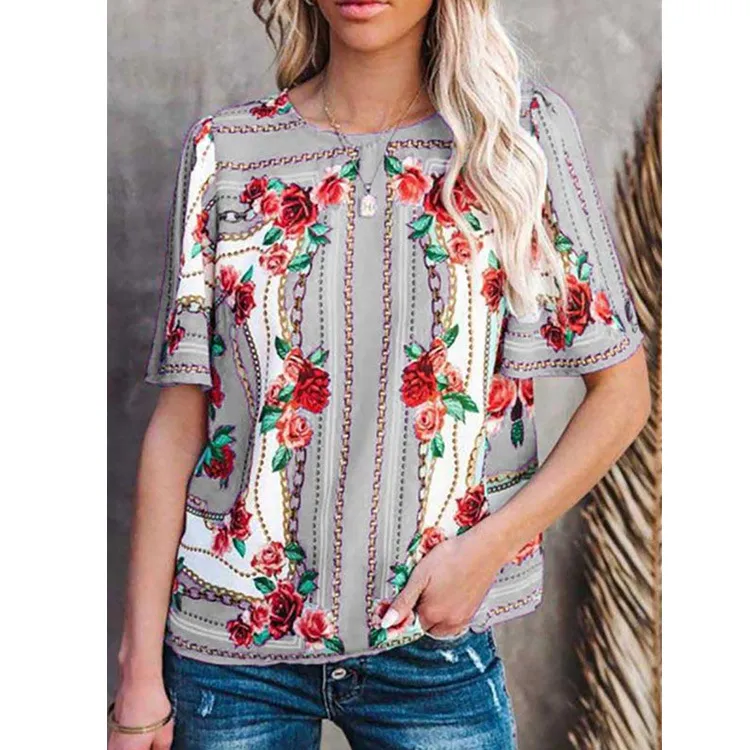 Women's Fashion Round Neck Short Sleeve T-Shirt Print Top - Grey