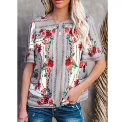 Women's Fashion Round Neck Short Sleeve T-Shirt Print Top - Grey - View 1